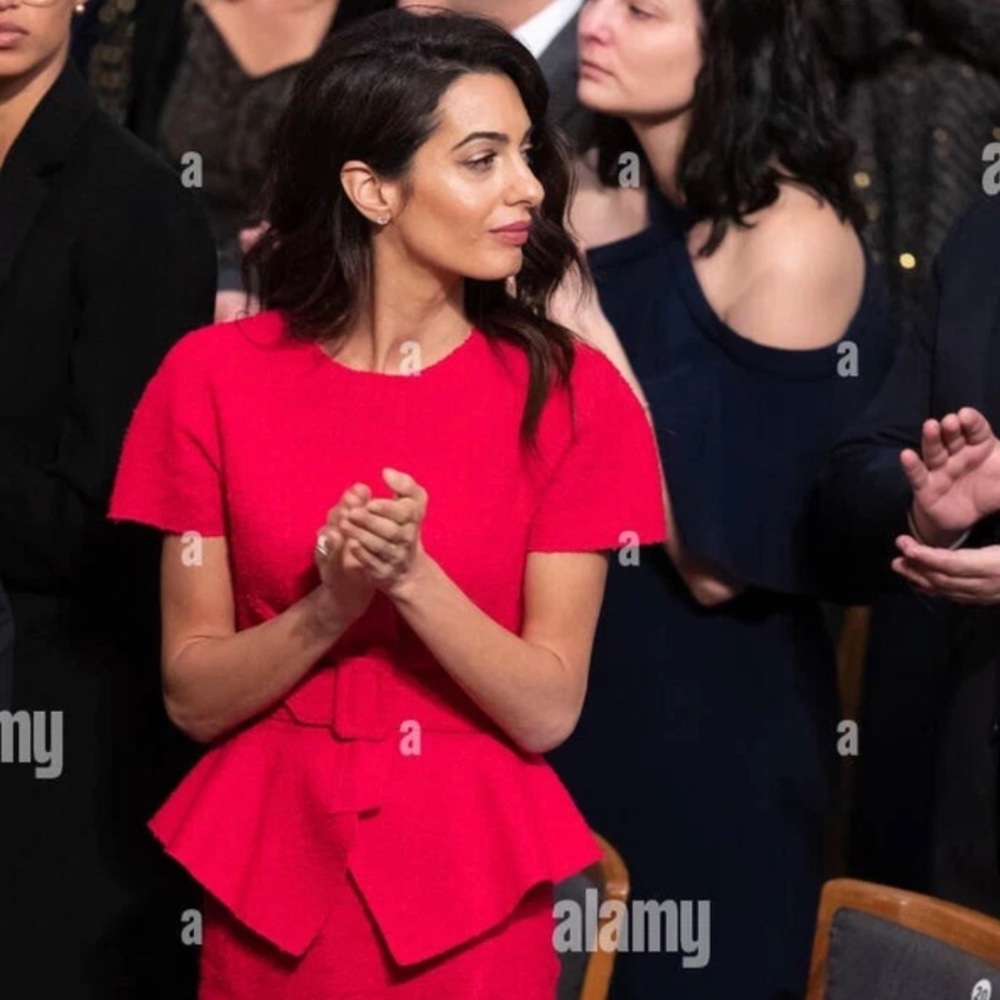Oscar de la Renta Belted Tweed Peplum Jacket ASO Royals, Amal Clooney